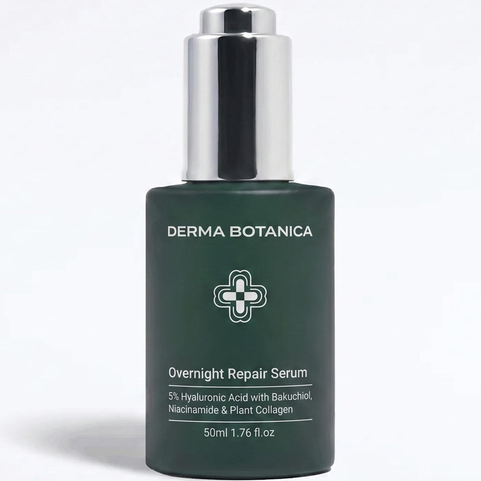 derma botanica serum front packaging shown, clear bottle for streamlined routine