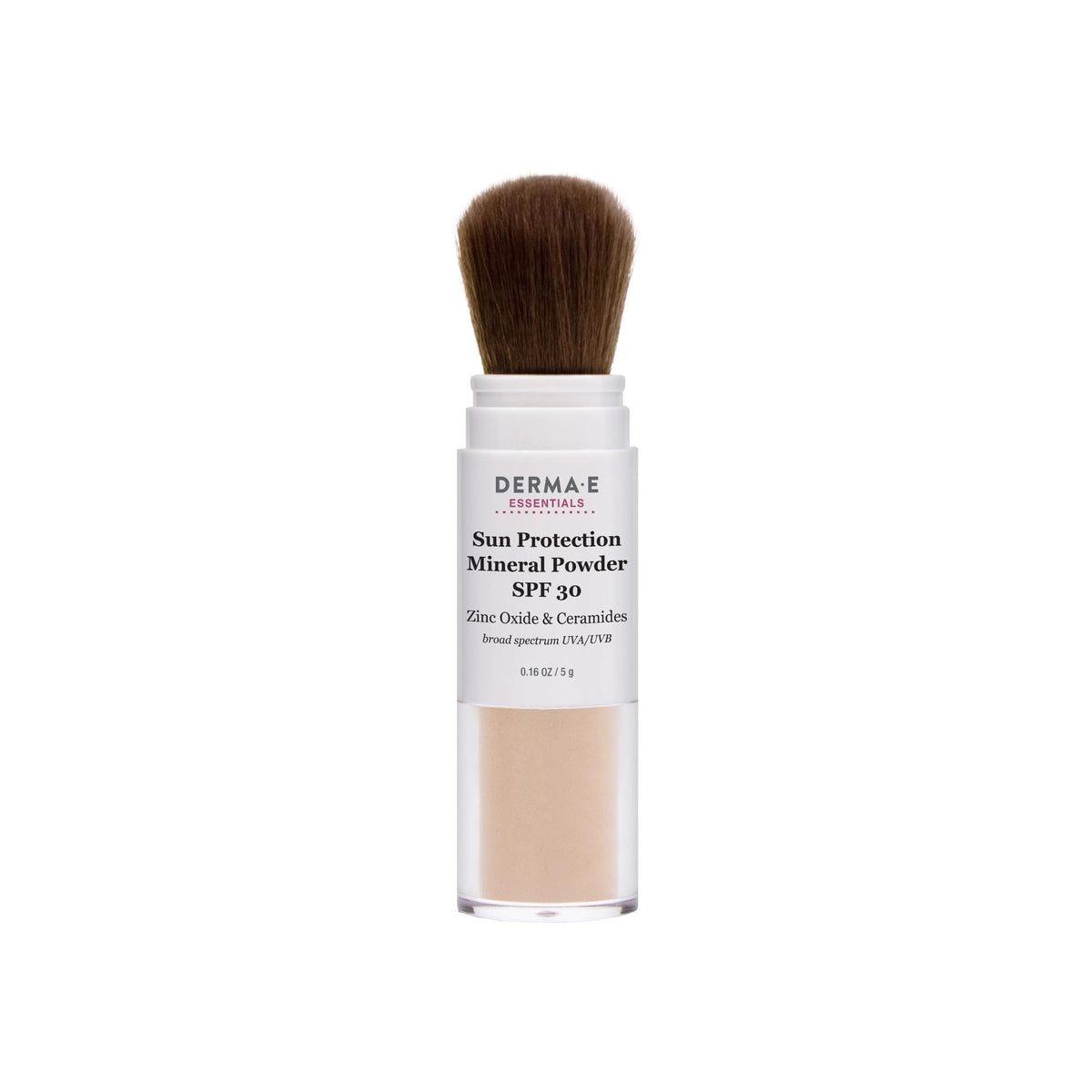 DERMA E front packaging showing compact and brush for portable sun protection