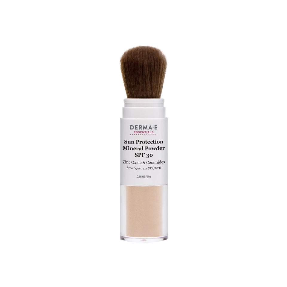 DERMA E front packaging showing compact and brush for portable sun protection