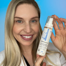 DERMA E ingredients label showing squalane hyaluronic acid ceramides for barrier support benefit