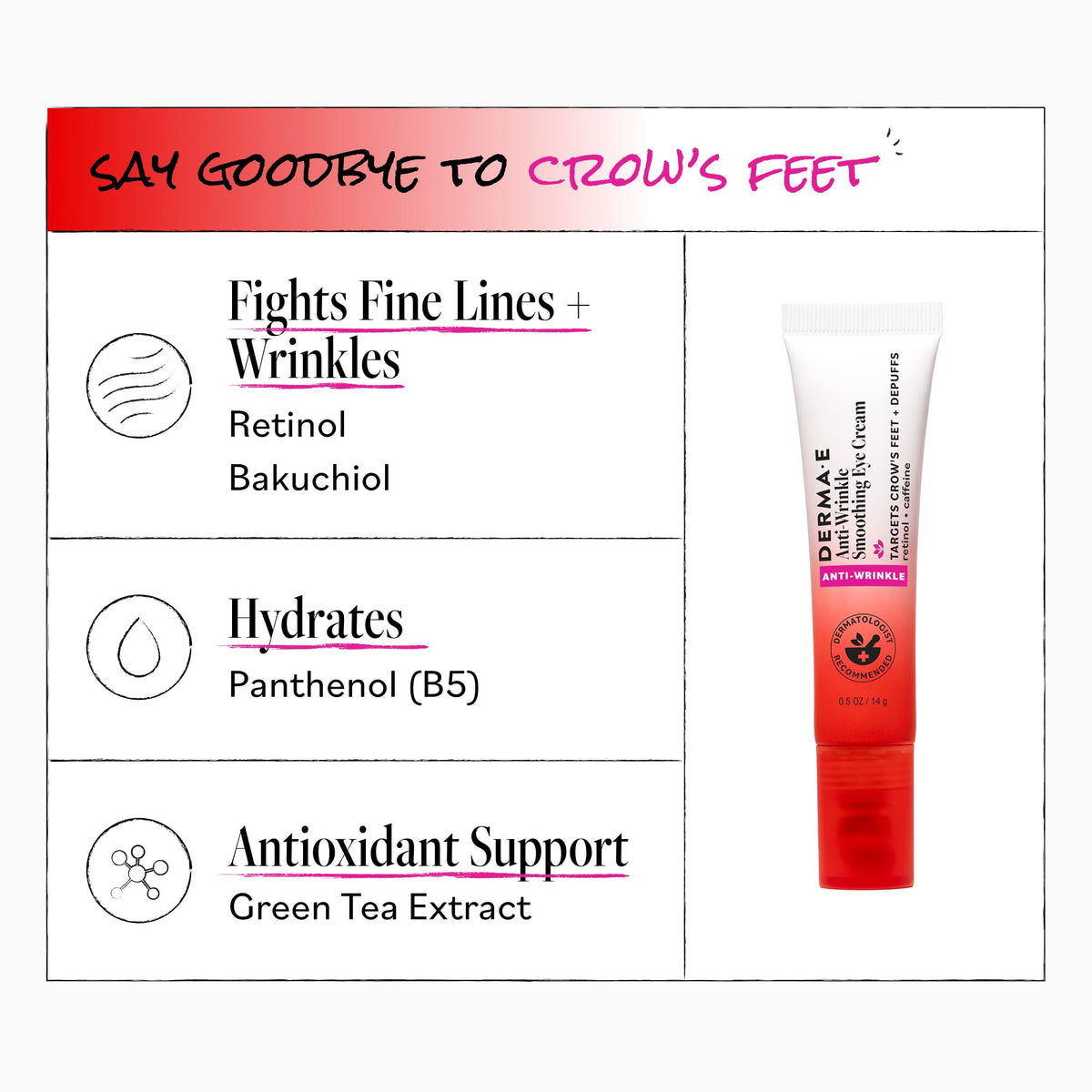 Derma E label detail highlighting ingredients for visible smoothing benefit