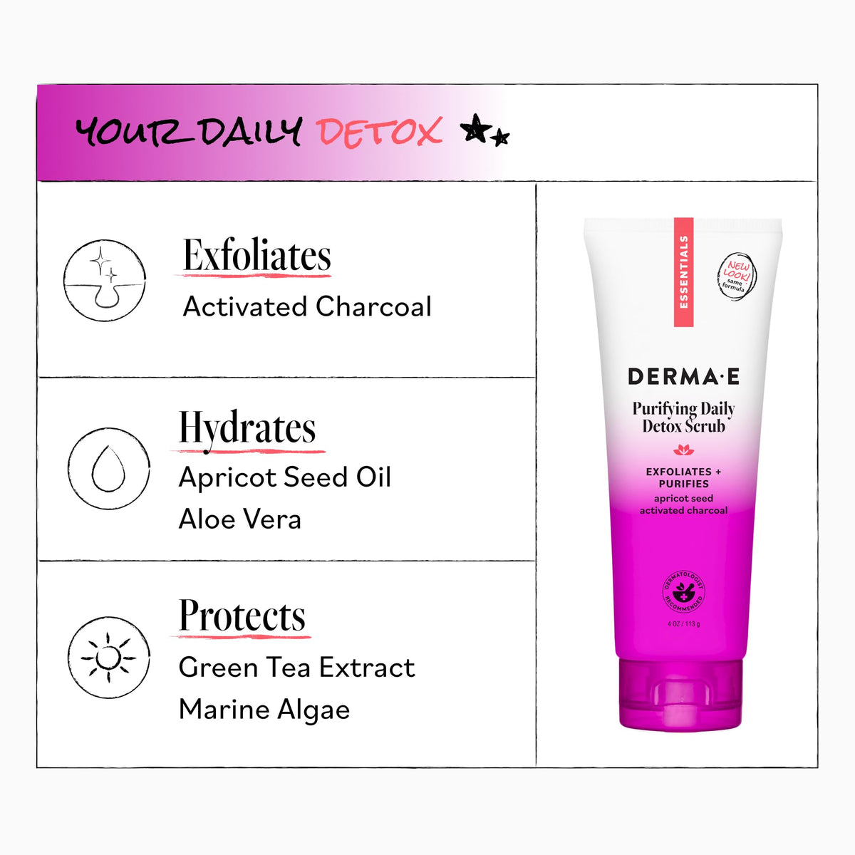 Derma E ingredient label highlighting seaweed and charcoal for pollution defense