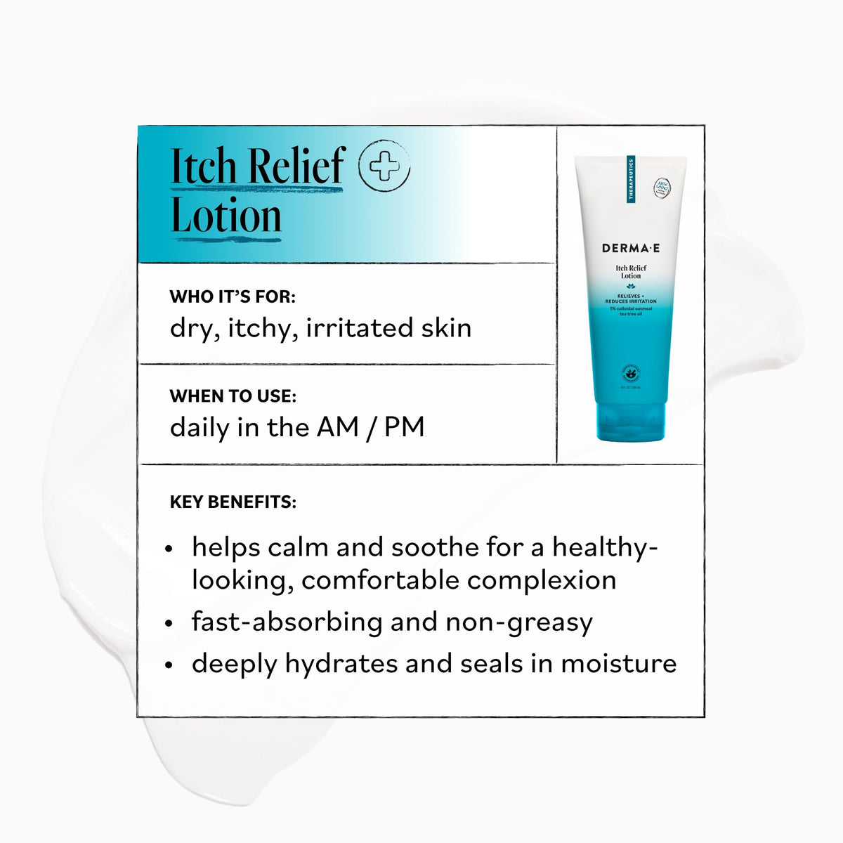 Derma E lotion being applied to arm to calm and hydrate itchy skin