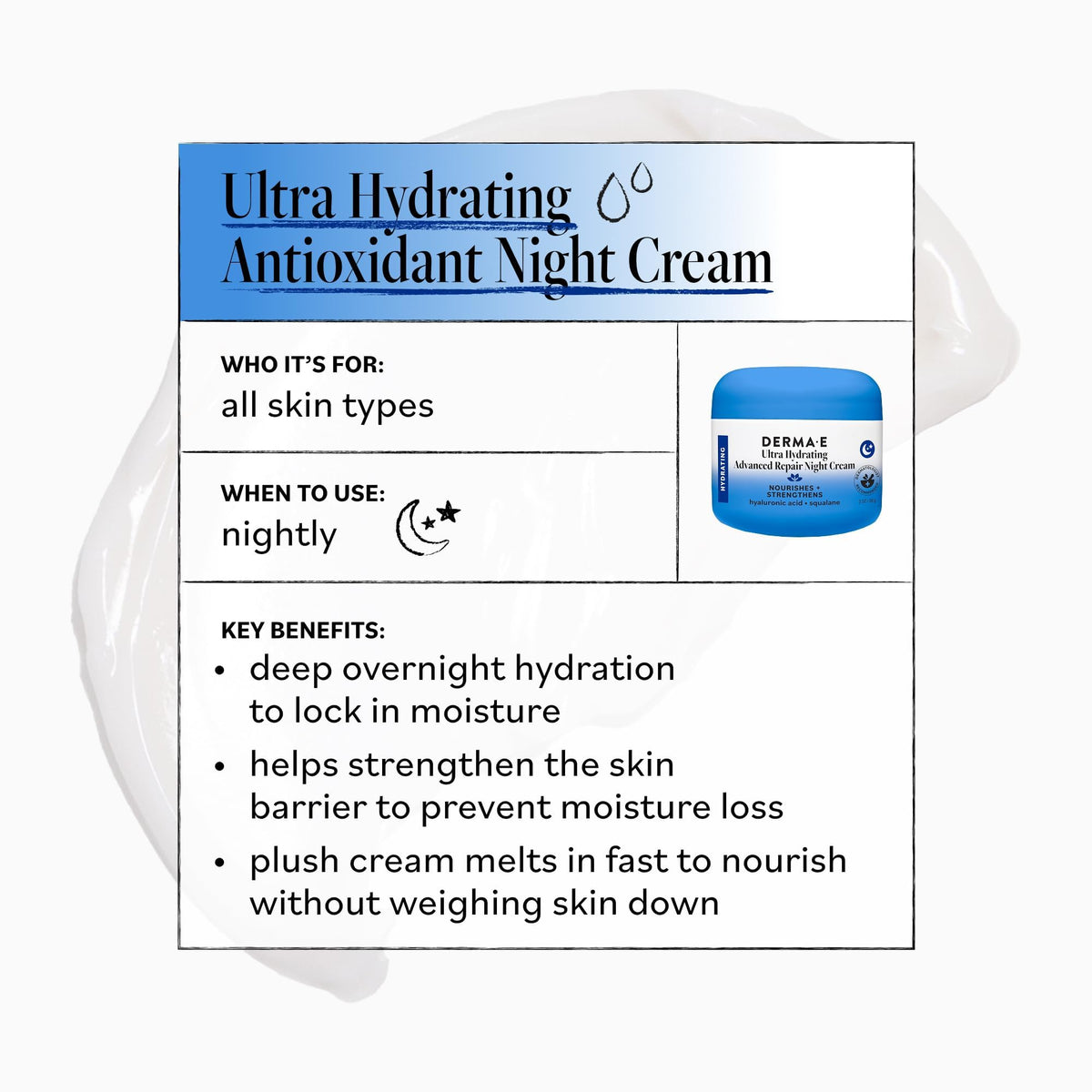 Derma E cream applied to hand to show absorption and immediate skin-softening benefit