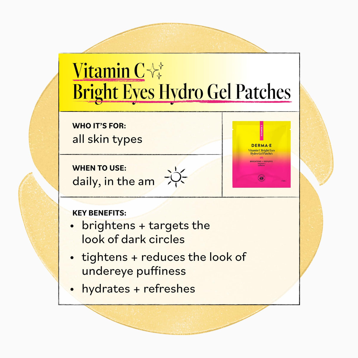 Derma E patch applied under eye demonstrating fit and immediate depuffing effect