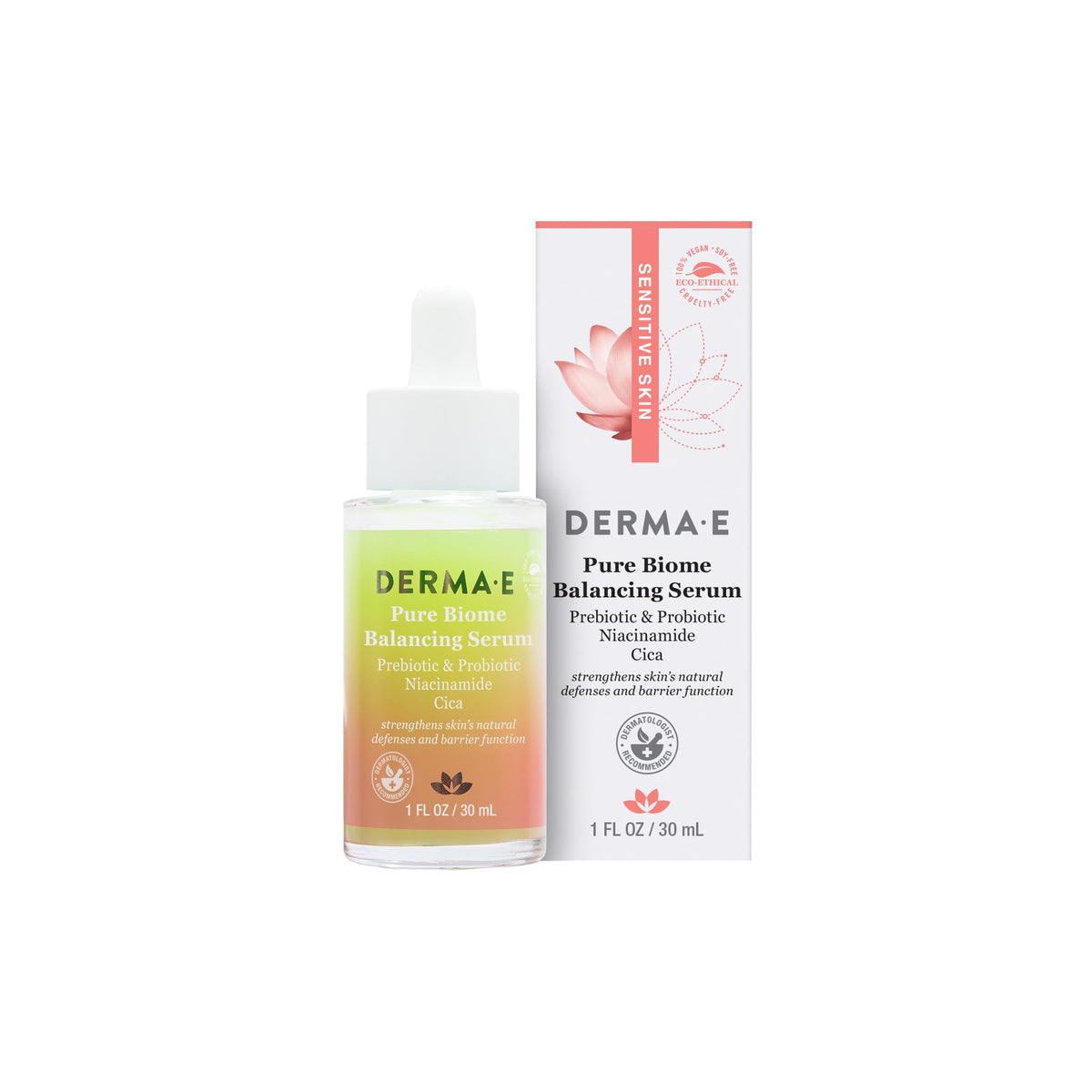 Derma E front bottle view showing sleek 1 oz packaging and barrier support