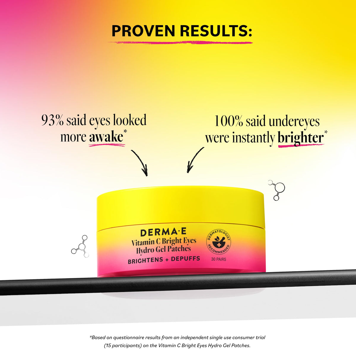 Derma E single pair close-up on backing showing hydrogel shape and easy application benefit
