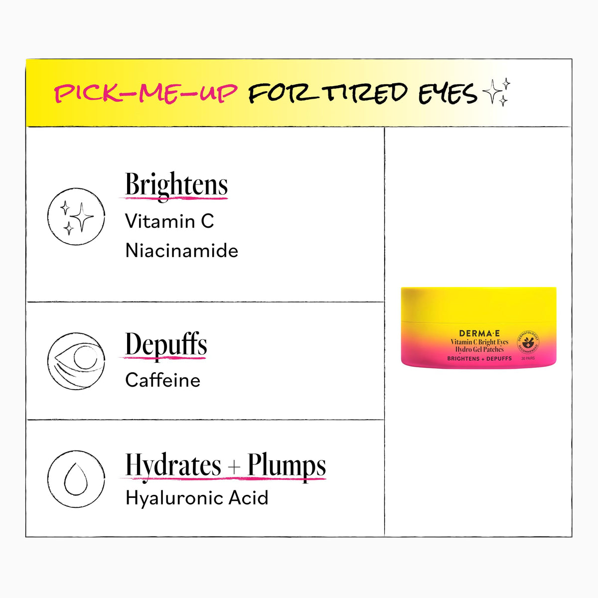 Derma E size comparison with hand illustrating patch scale and precise under-eye fit