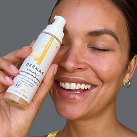 Derma E 2 oz bottle next to a ruler showing true size benefit