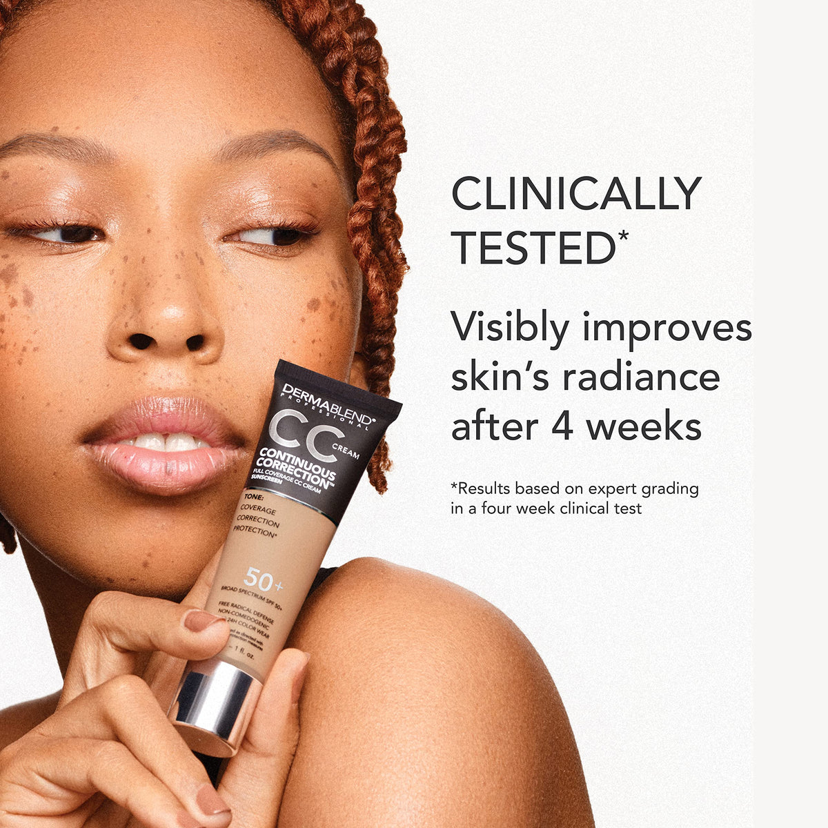 Dermablend application before and after demonstrating visible tone evening benefit
