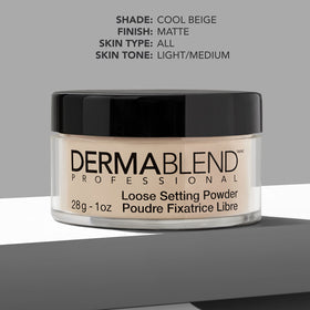 Applying Dermablend powder with brush to mattify skin and set foundation