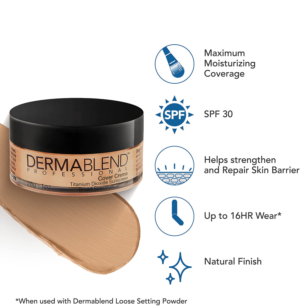 Dermablend Cover Crème swatches on arm showing color match and full-coverage payoff