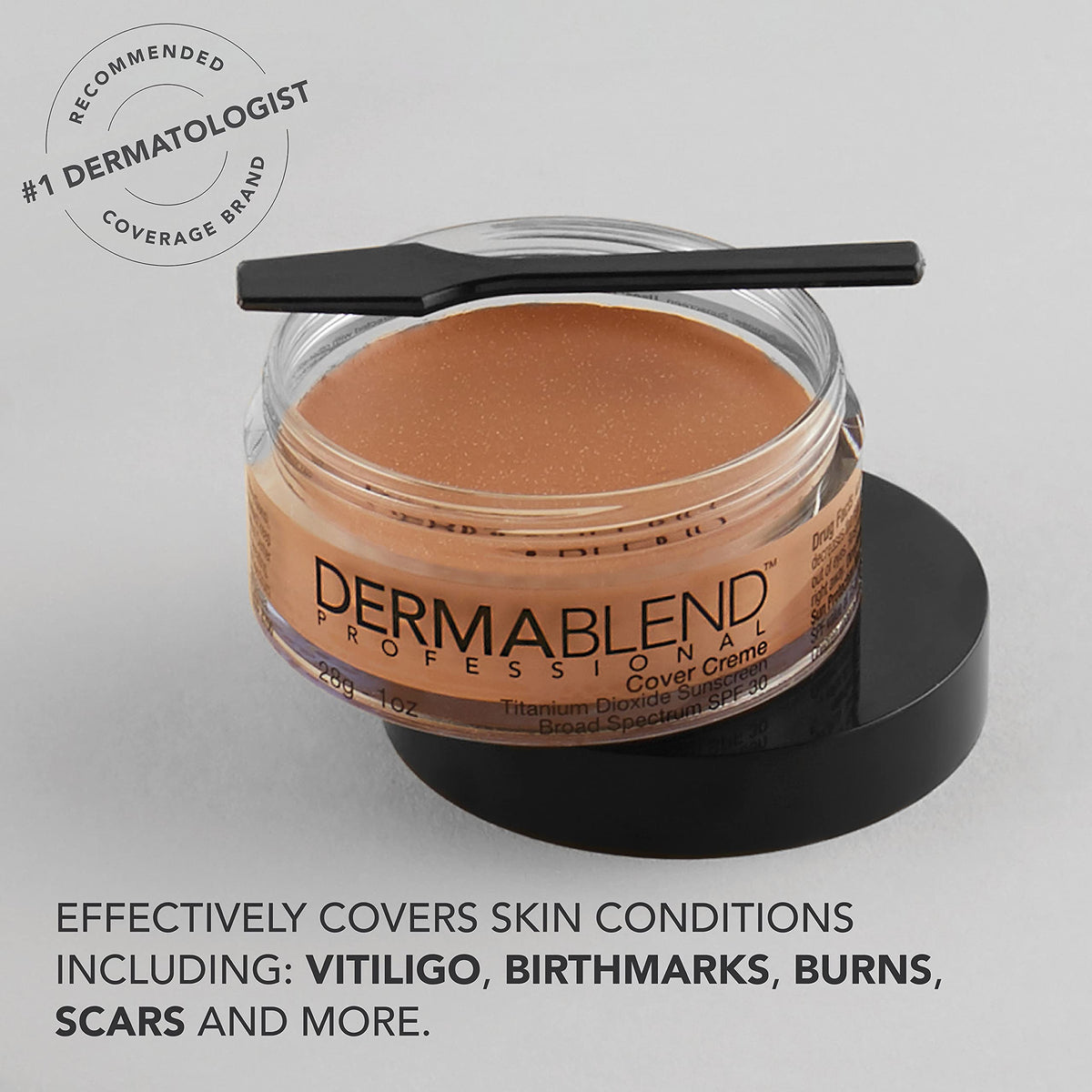 Dermablend label closeup showing clean formulation and skin-safe benefit