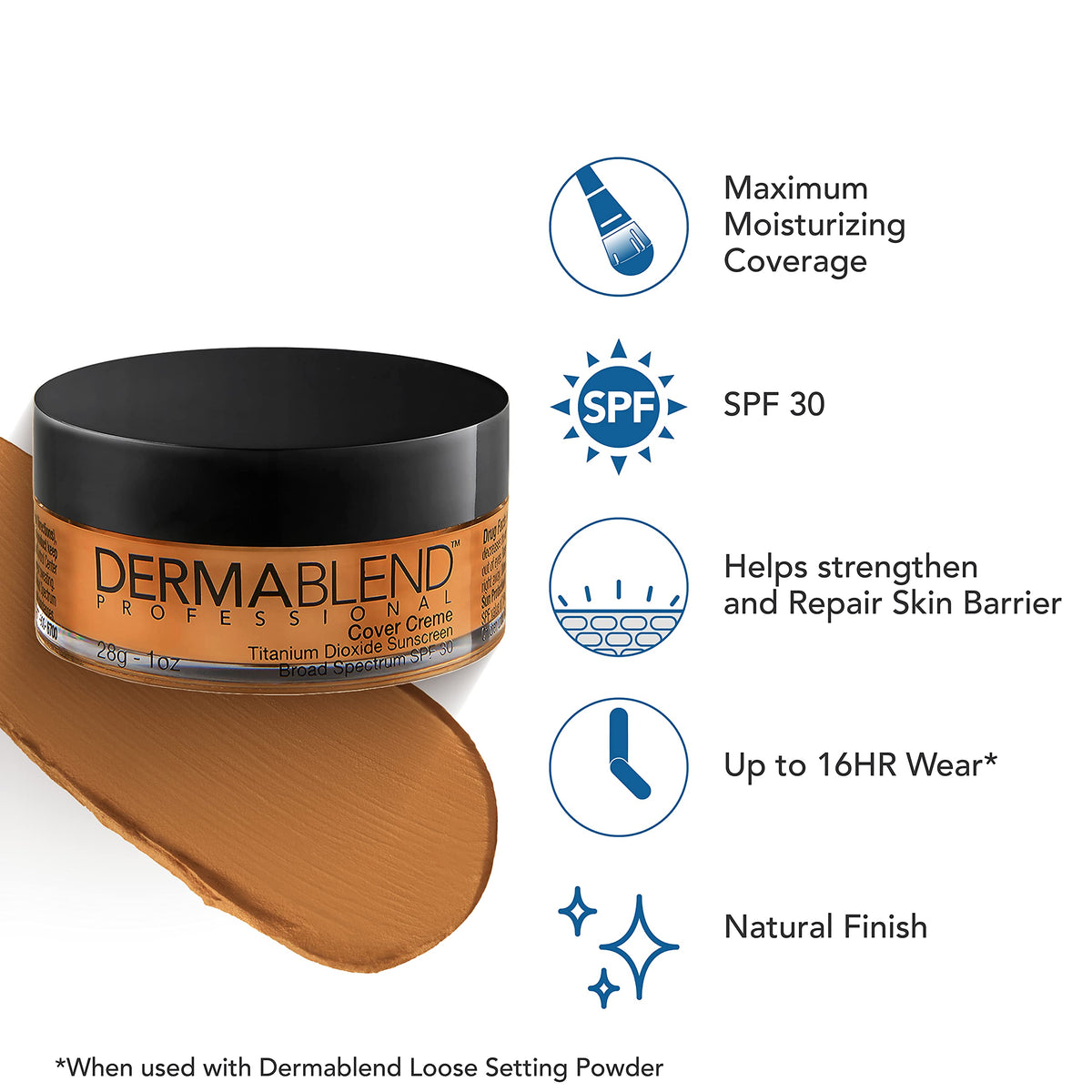 Dermablend swatch on arm displaying Hazelnut Beige coverage and skin-evening benefit