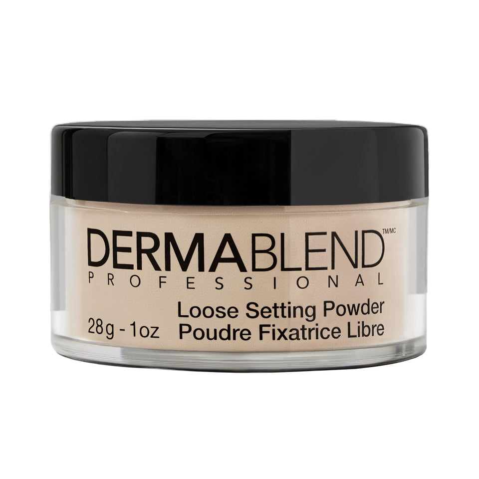 Dermablend loose setting powder front packaging showing label and jar benefits