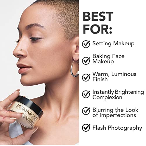 Dermablend powder application under-eye with brush, showing brightening effect
