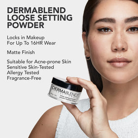 Dermablend powder being applied with brush for longwear matte and shine control