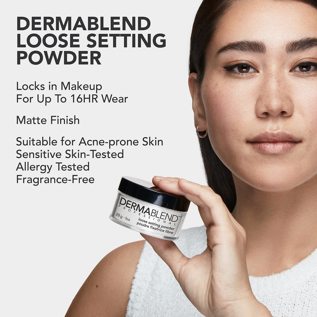 Dermablend powder next to coin showing 1 oz size and travel-friendly benefit