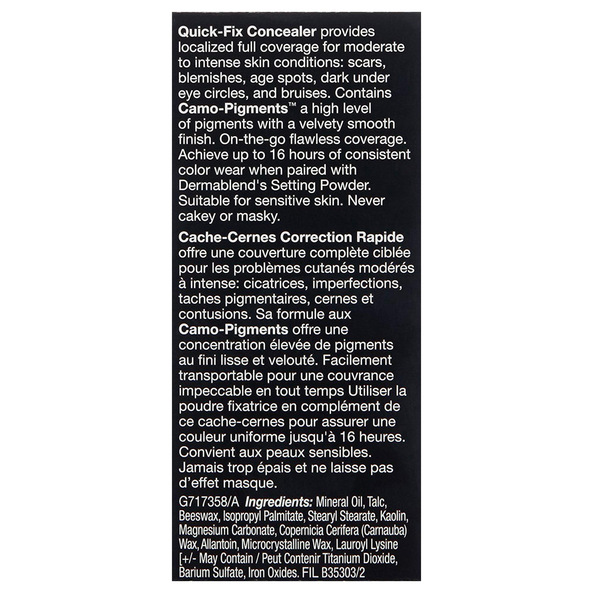 Dermablend label close-up highlighting ingredients and safety standards