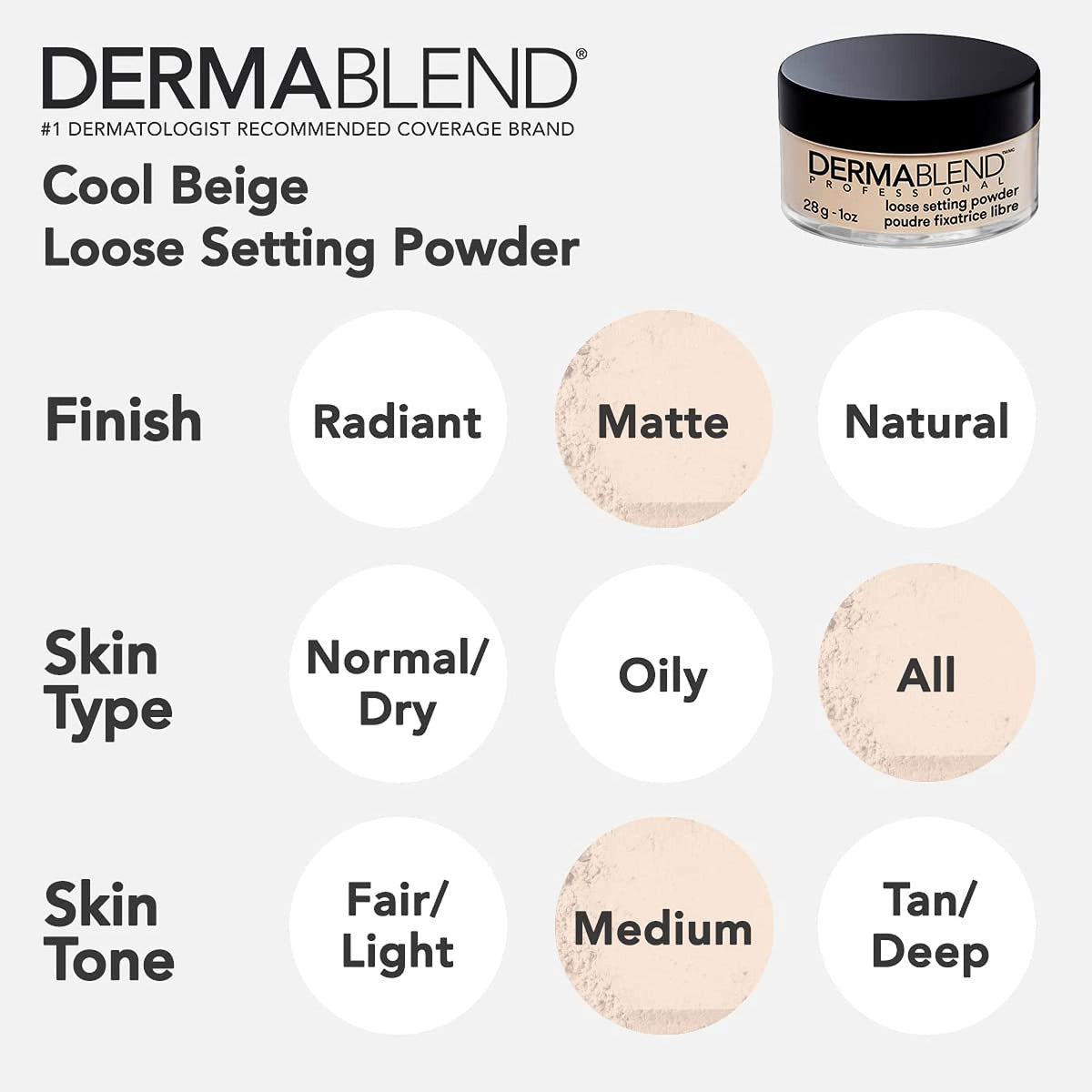 Dermablend powder next to a coin to illustrate compact 1oz size