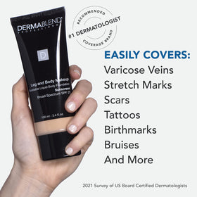 Dermablend size scale next to hand showing 3.4 fl oz capacity and travel practicality