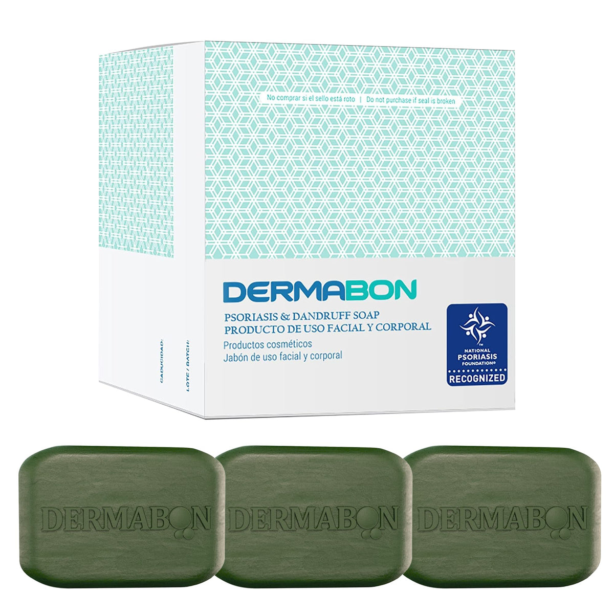 Dermabon 3-pack front packaging showing bars and benefits