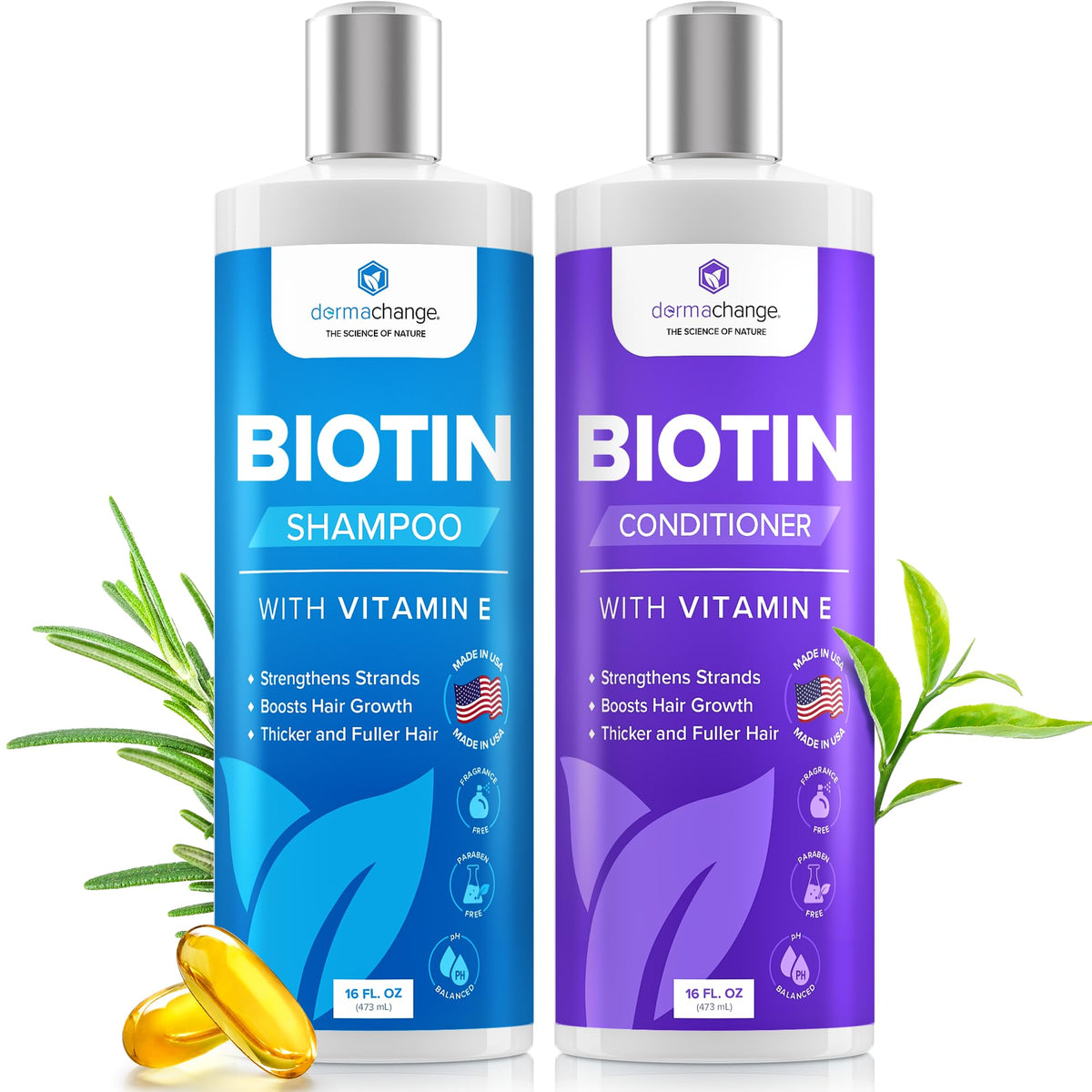 DermaChange front packaging showing 16oz shampoo and conditioner promoting fuller hair