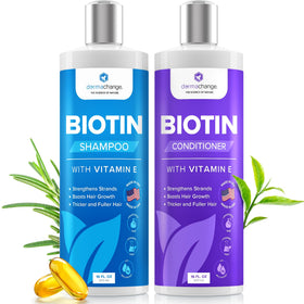 DermaChange front packaging showing 16oz shampoo and conditioner promoting fuller hair