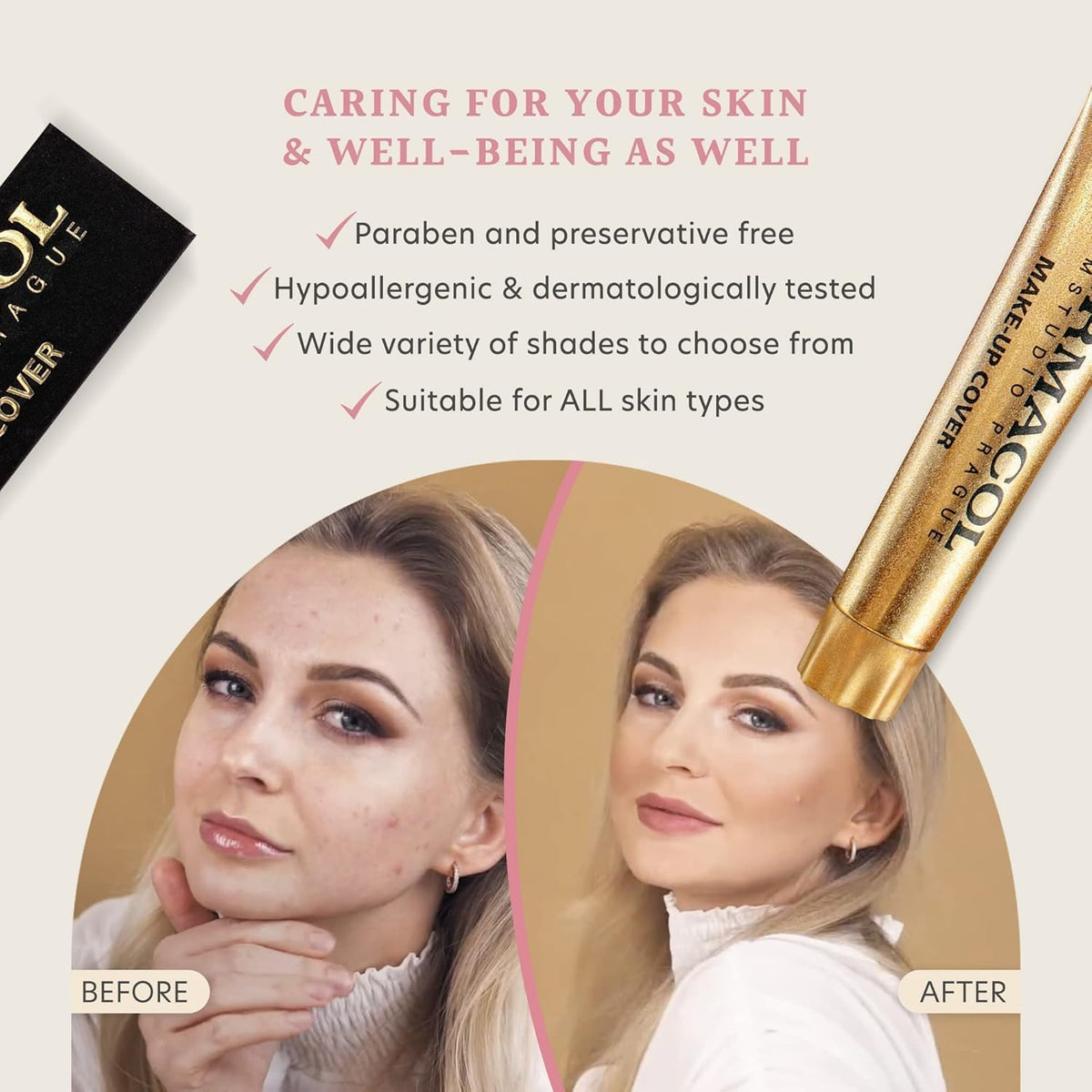 Dermacol before and after face image illustrating visible coverage improvement benefit
