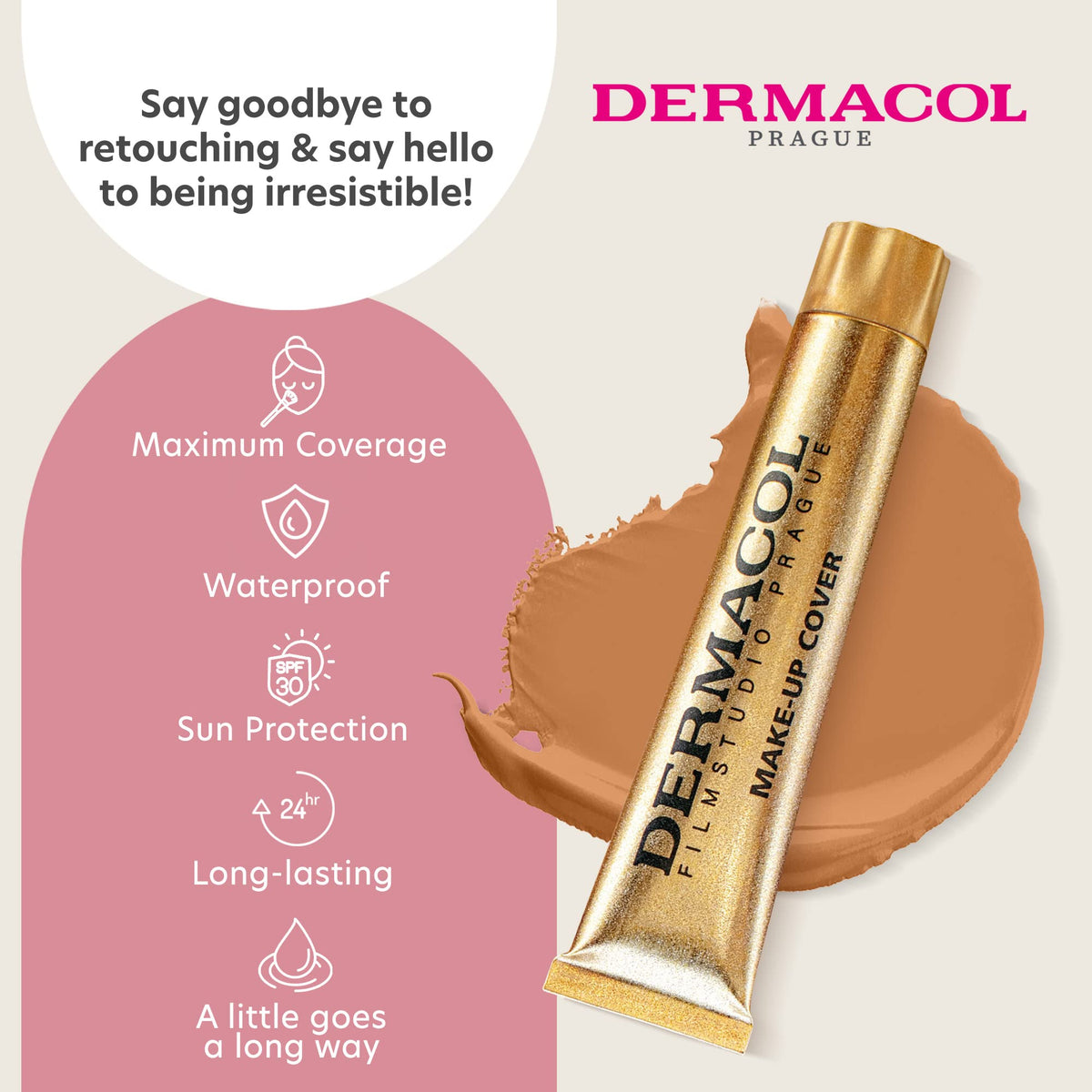 Dermacol foundation 30g next to a coin for scale, revealing travel-ready size benefit