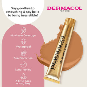 Dermacol foundation 30g next to a coin for scale, revealing travel-ready size benefit