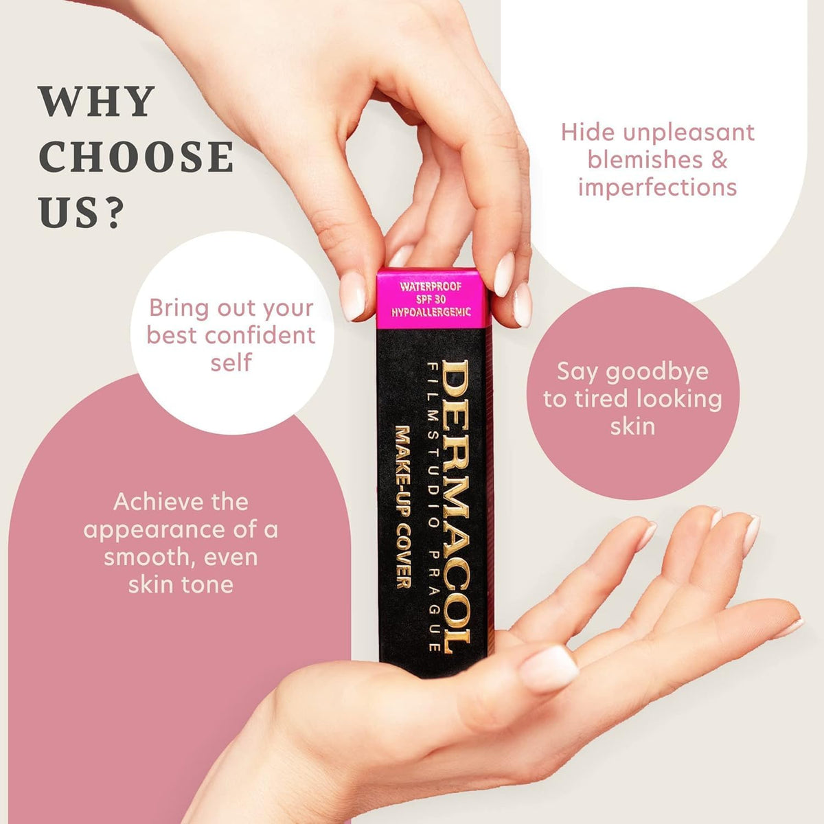 Dermacol before and after split photo showing concealing power and matte results