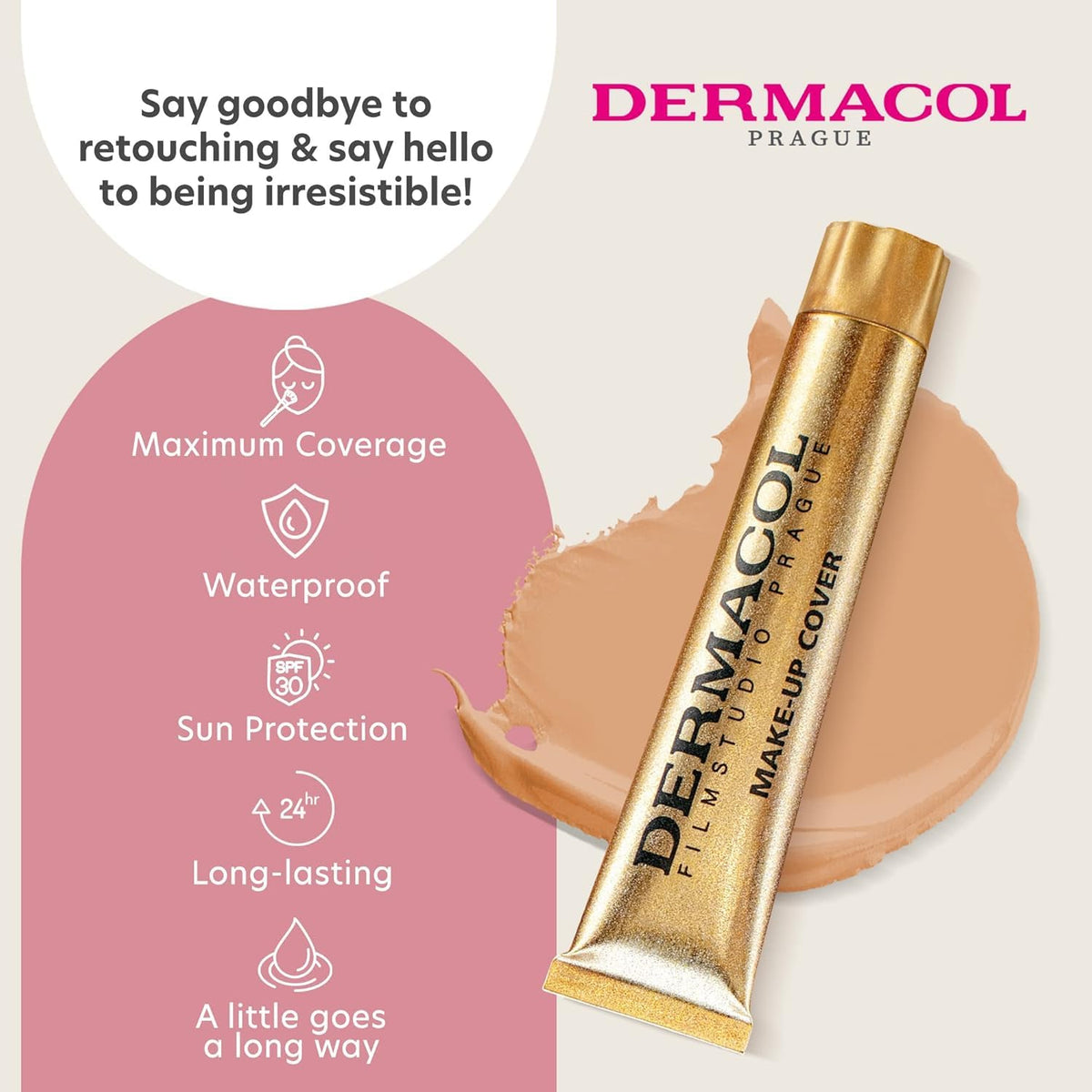 Dermacol mini tube beside a lipstick showing travel-ready compact size benefit