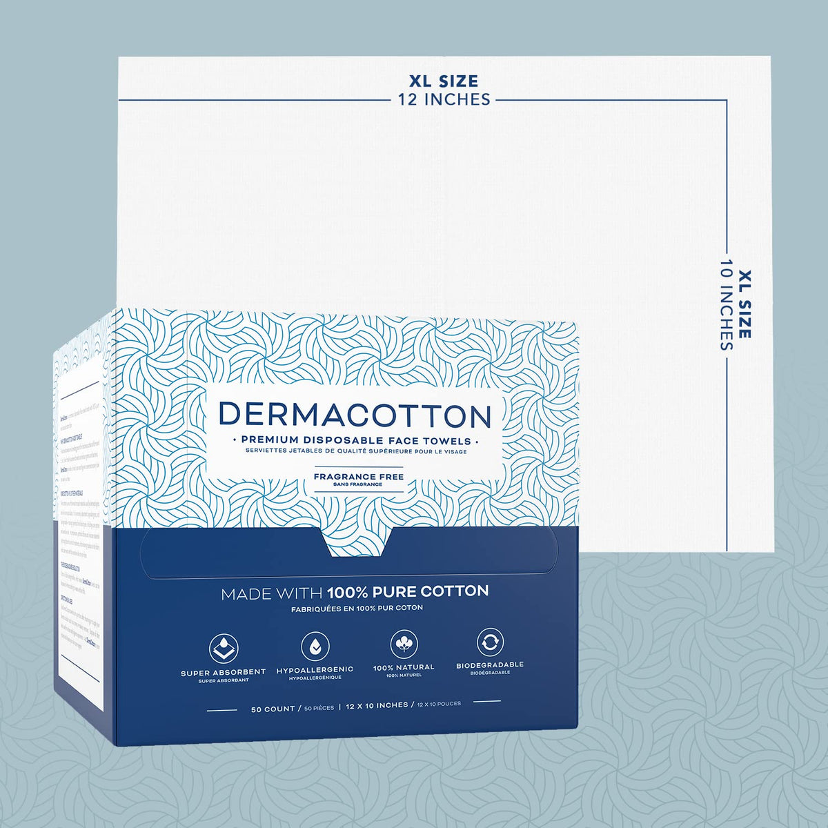 DERMACOTTON next to ruler to show extra-large wipe dimensions