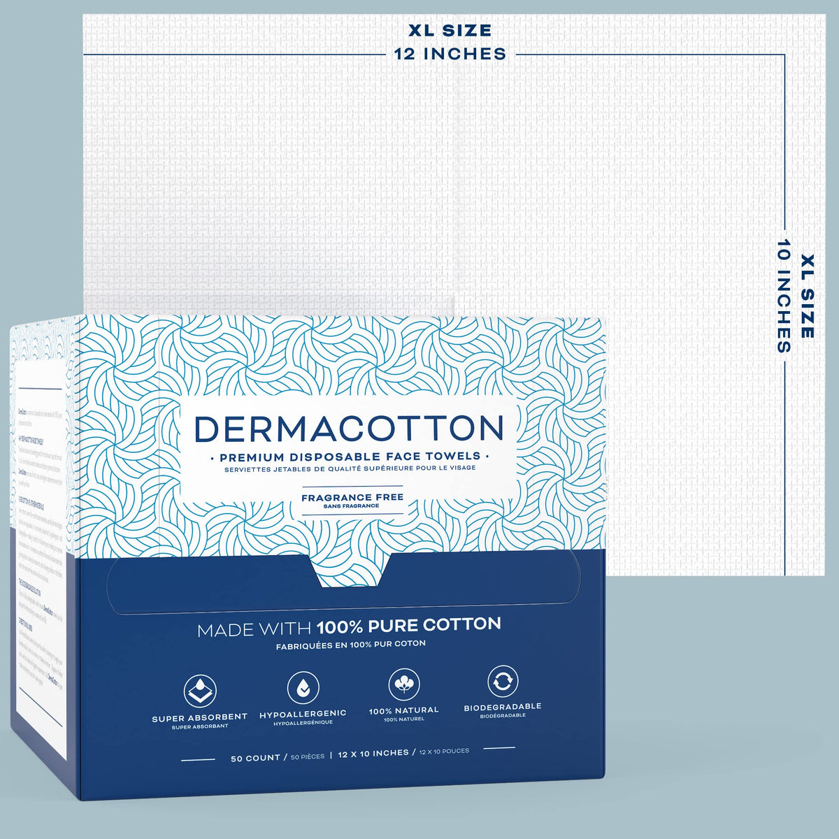 DERMACOTTON wipe held in hand demonstrating thickness and softness