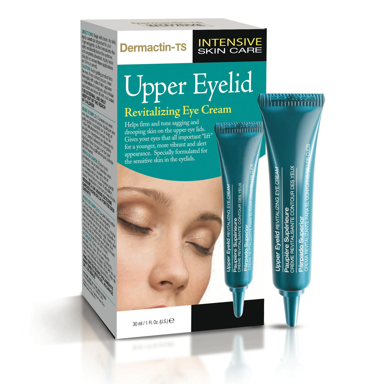 Dermactin front packaging showing 1 oz tube and product benefit of targeted eyelid firming
