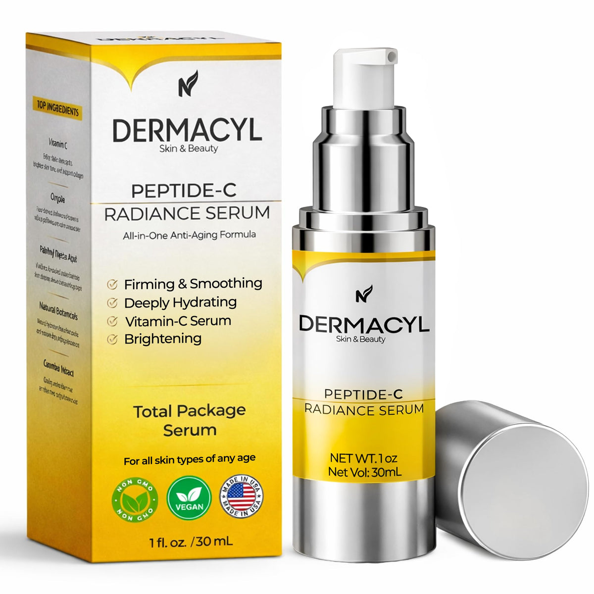 Dermacyl front bottle showing sleek packaging and visible brand benefits