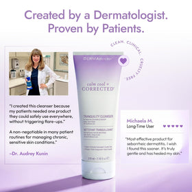 DERMAdoctor next to common items showing 7.1 fl oz scale benefit: travel and home sizing