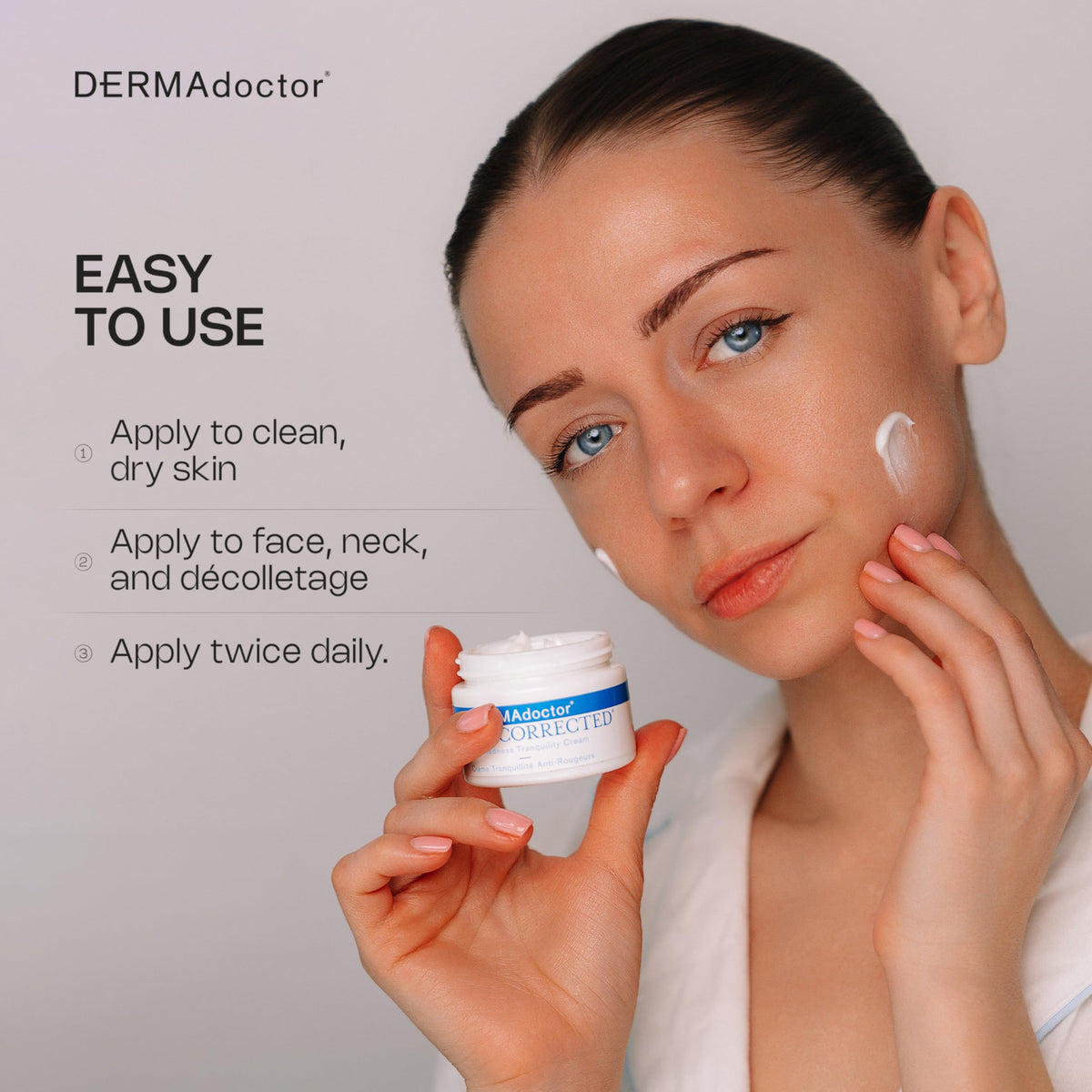 DERMAdoctor application on cheek demonstrating redness relief