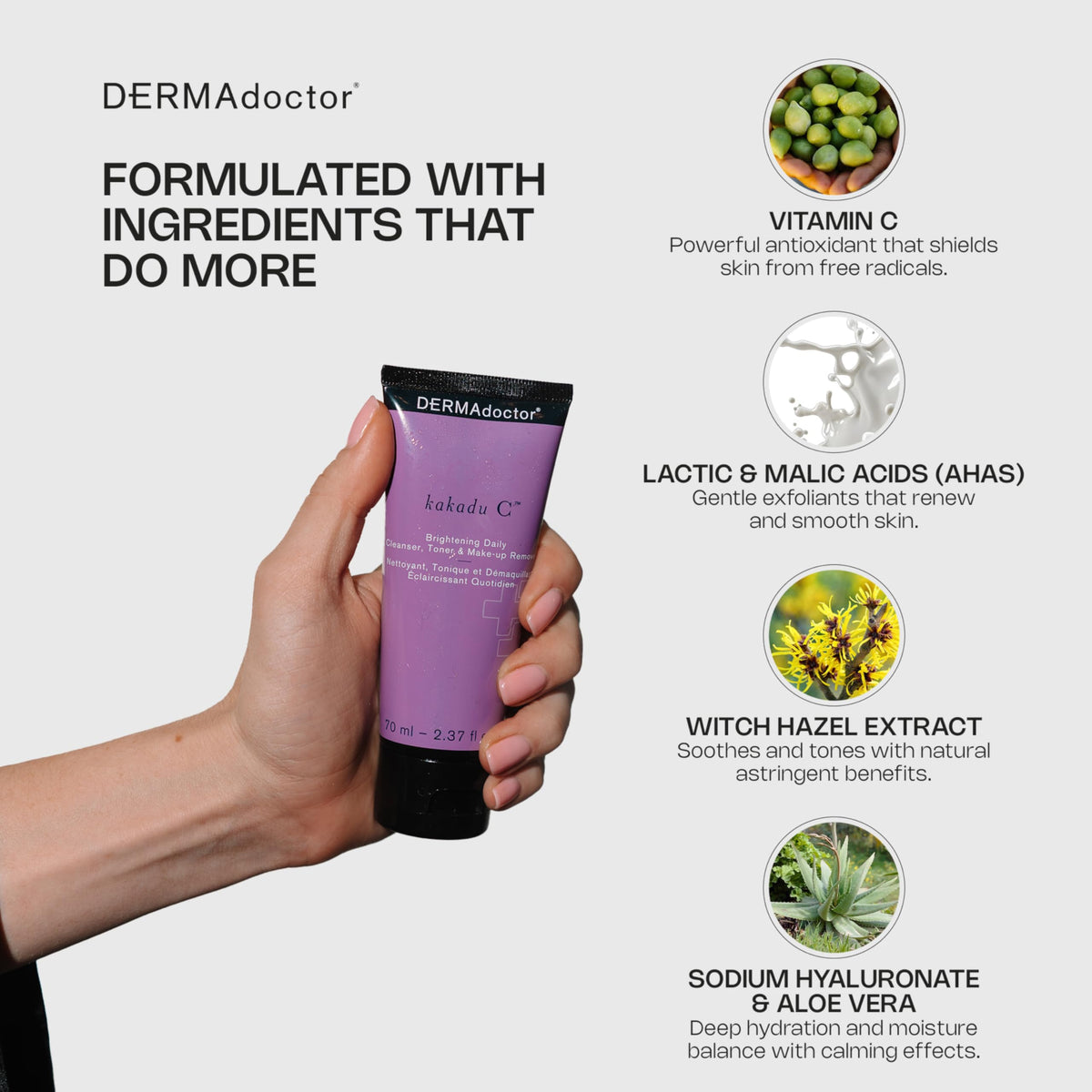 DERMAdoctor 7.10 oz bottle beside a ruler showing actual size and travel-friendly benefit