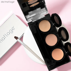Dermaflage palette beside a coin to show compact size and travel-friendly benefit