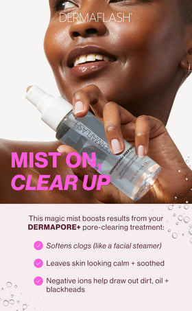 DERMAFLASH mist spray close-up of fine mist texture, hydrates and softens pore clogs