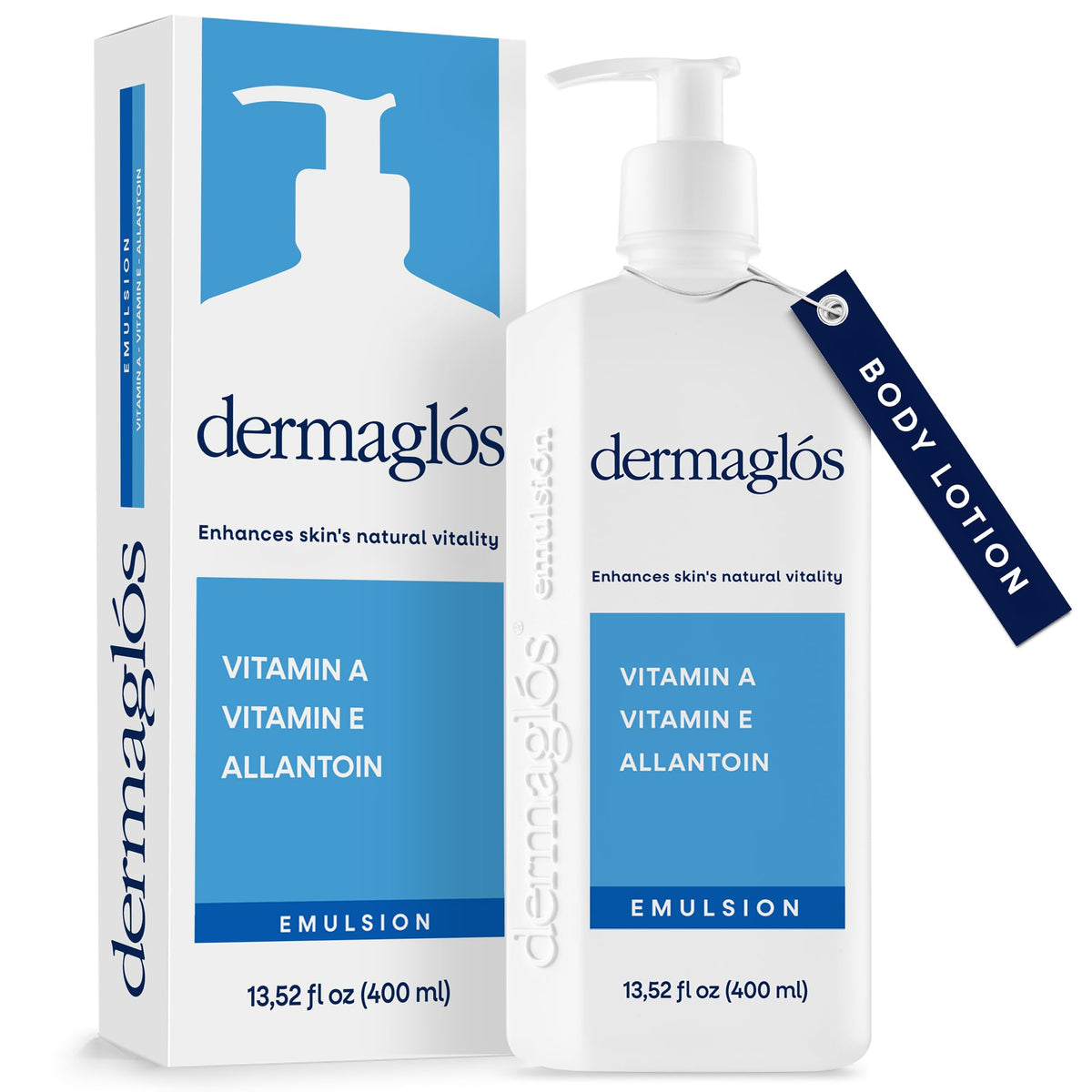 Dermaglós front packaging showing bottle and cap for easy dispensing