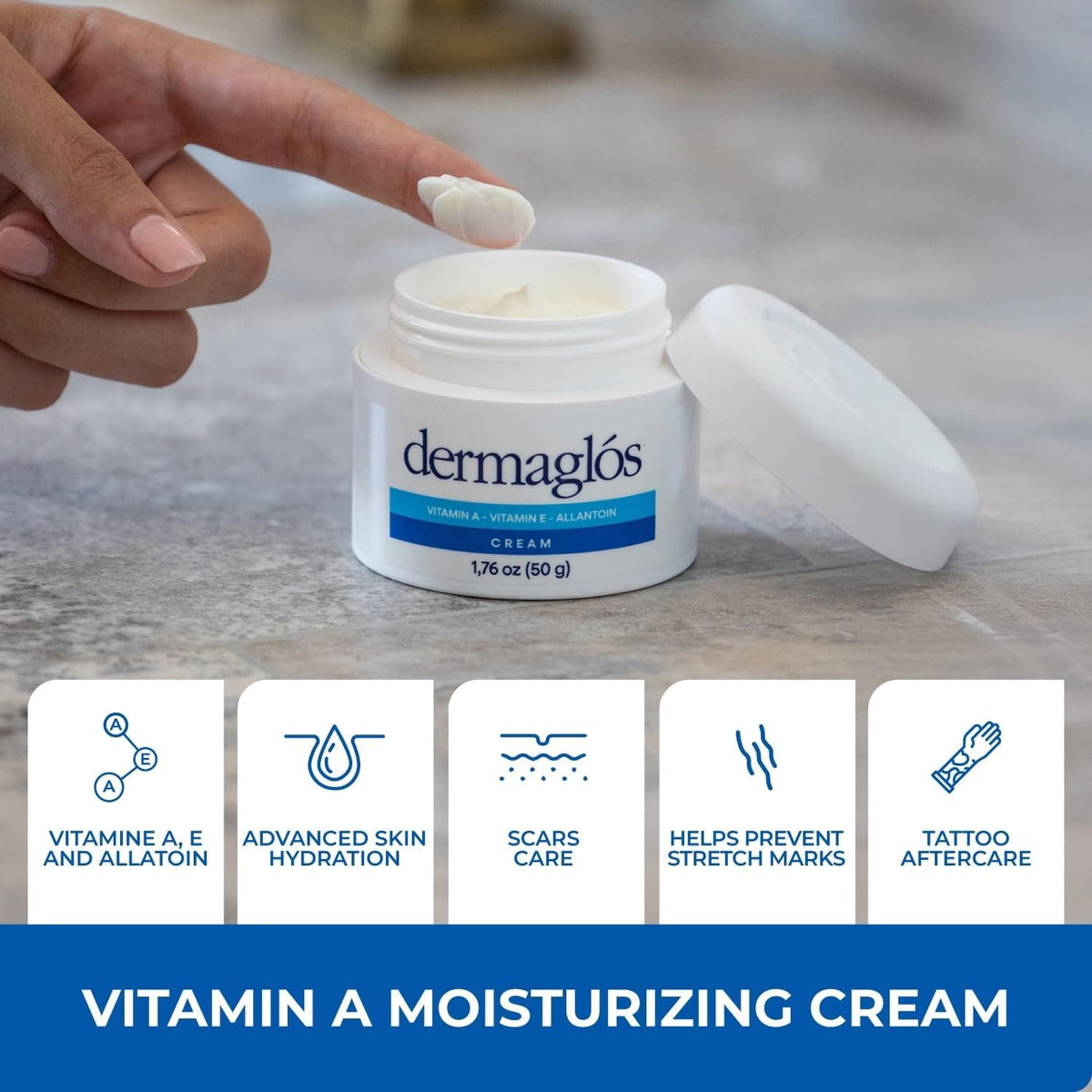 Dermaglós open tube cream texture demonstrating quick absorption