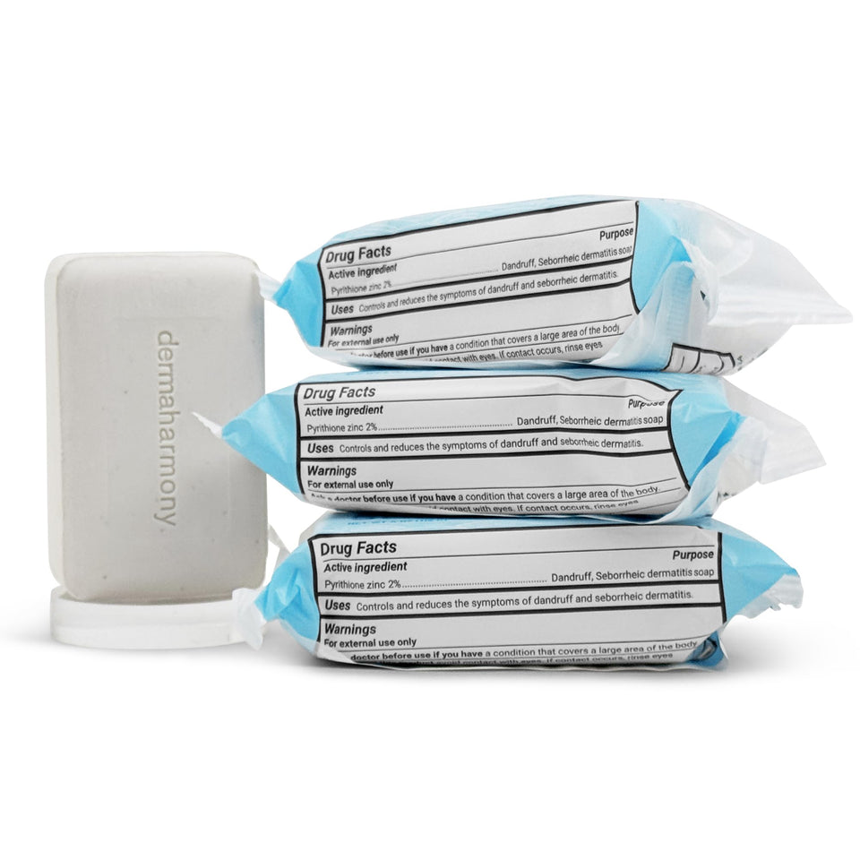 Dermaharmony front packaging showing 2% zinc pyrithione bar and clarity benefit