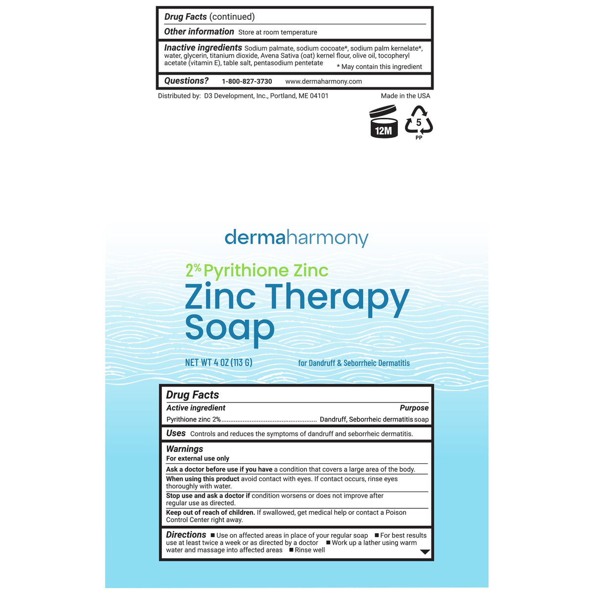 Dermaharmony label close-up highlighting 2% pyrithione zinc active benefit