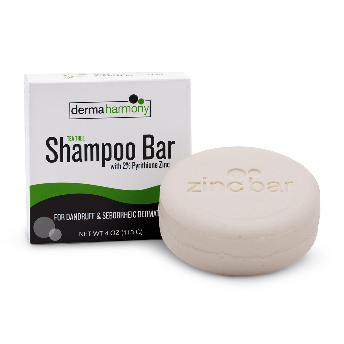 Dermaharmony tea tree shampoo bar front packaging showing product and scent benefit