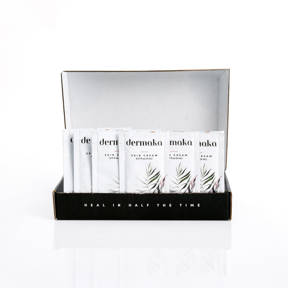 Dermaka front packets packaging showing brand and compact travel benefit
