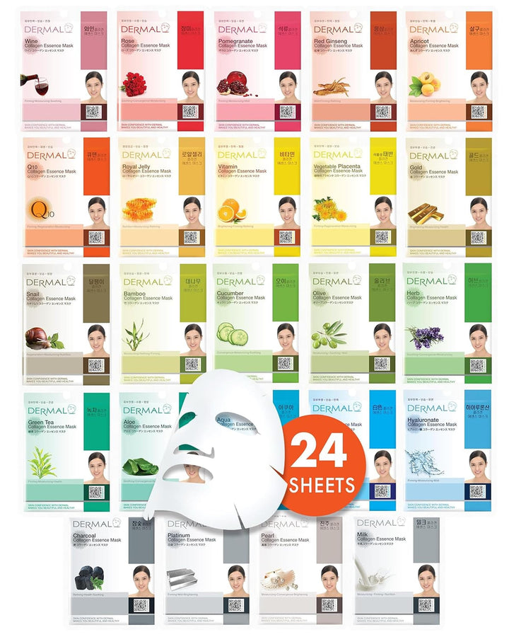 DERMAL front box packaging showing 24 masks and variety benefit