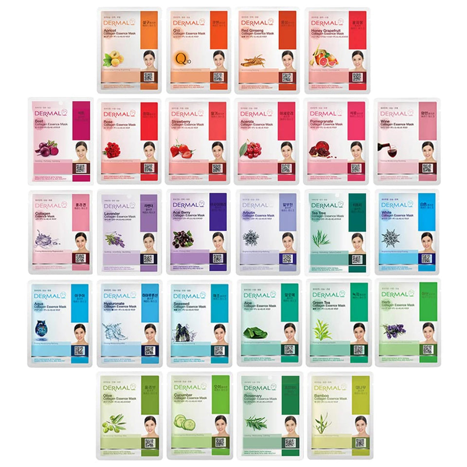 DERMAL front pack collage showing red and green masks and variety benefit